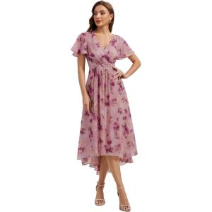 image:imageEverPretty Womens VNeck Short Sleeves Summer Wedding Guest Dress Chiffon HighLow ALine Cocktail Dresses 02762Light Purple Print