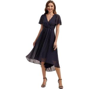 image:imageEverPretty Womens VNeck Short Sleeves Summer Wedding Guest Dress Chiffon HighLow ALine Cocktail Dresses 02762Navy Blue Polka Dots
