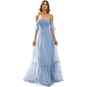 image:imageEverPretty Womens Formal Dress Sweetheart OffShoulder Ruched Tulle Maxi Bridesmaid Dresses 50126Ice Blue