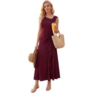 image:imageEverPretty Womens Summer High Stretch Sleeveless Semi Formal Dresses Ruffles Drawstring Maxi Cocktail Wedding Guest DressBurgundy