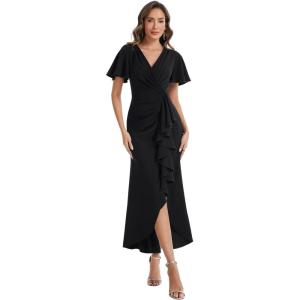 image:imageEverPretty Womens VNeck Short Sleeves Wedding Guest Dress Knit Maxi Bodycon Formal Dresses 02633Black