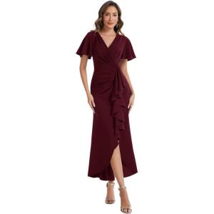 image:imageEverPretty Womens VNeck Short Sleeves Wedding Guest Dress Knit Maxi Bodycon Formal Dresses 02633Burgundy