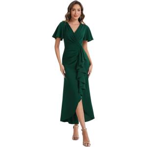 image:imageEverPretty Womens VNeck Short Sleeves Wedding Guest Dress Knit Maxi Bodycon Formal Dresses 02633Dark Green
