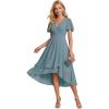 image:imageEverPretty Womens Wedding Guest Dress Chiffon V Neck Ruched Short Sleeves Midi High Low Birthday Semi Formal Dresses 02088Light Teal