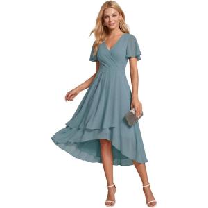 image:imageEverPretty Womens Wedding Guest Dress Chiffon V Neck Ruched Short Sleeves Midi High Low Birthday Semi Formal Dresses 02088Light Teal