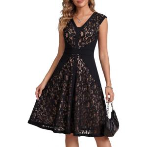 image:imageEverPretty Womens V Neck Lace Dresses for Wedding Guest Cap Sleeve Midi Cocktail Semi Formal Dress 02643Black