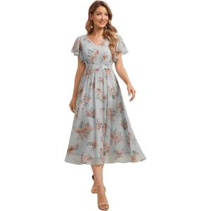 image:imageEverPretty Womens Summer Floral Wedding Guest Dress V Neck Short Sleeve Chiffon Midi A Line Semi Formal Dresses 02744Amber Bloom