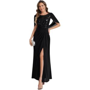 image:imageEverPretty Womens Round Neck Half Sleeves Mother of Bride Dresses Chiffon Floor Length ALine Formal Dress 02689Black