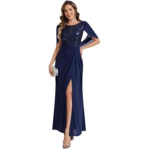 image:imageEverPretty Womens Round Neck Half Sleeves Mother of Bride Dresses Chiffon Floor Length ALine Formal Dress 02689Navy Blue