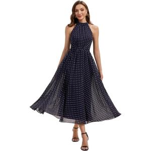 image:imageEverPretty Womens Halter Sleeveless Summer Formal Wedding Guest Dresses Chiffon Tea Length ALine Cocktail Dress 02699Navy Blue Polka Dots