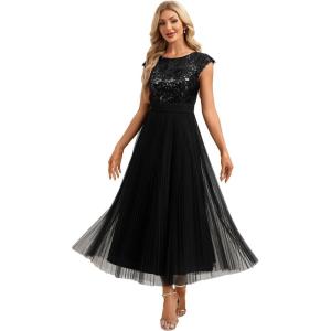 image:imageEverPretty Womens Sequin Round Neck Cap Sleeve Formal Wedding Guest Dress Pleated ALine Midi Cocktail Dresses 02769Black