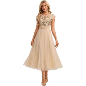 image:imageEverPretty Womens Sequin Round Neck Cap Sleeve Formal Wedding Guest Dress Pleated ALine Midi Cocktail Dresses 02769Gold
