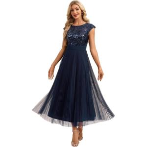 image:imageEverPretty Womens Sequin Round Neck Cap Sleeve Formal Wedding Guest Dress Pleated ALine Midi Cocktail Dresses 02769Navy Blue