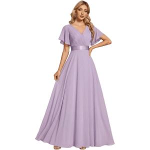 image:imageEverPretty Womens Summer Short Sleeve Chiffon Empire Waist Floor Length Formal Bridesmaid Dress Mother of Bride DressesFrosted Lilac