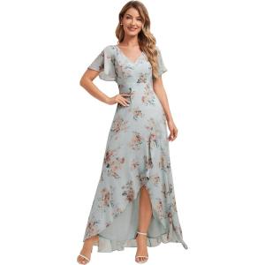 image:imageEverPretty Womens VNeck Short Sleeves Bridesmaid Dress Chiffon Asymmetrical Hem Formal Wedding Guest Dresses 02758Amber Bloom