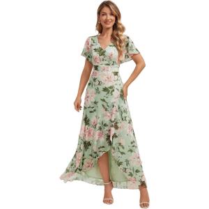 image:imageEverPretty Womens VNeck Short Sleeves Bridesmaid Dress Chiffon Asymmetrical Hem Formal Wedding Guest Dresses 02758Light Green Floral