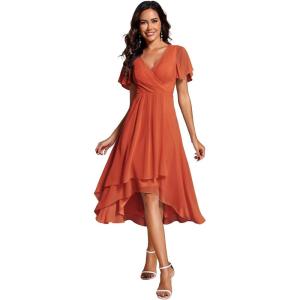 image:imageEverPretty Womens Wedding Guest Dress Chiffon V Neck Ruched Short Sleeves Midi High Low Birthday Semi Formal Dresses 02088Burnt Orange