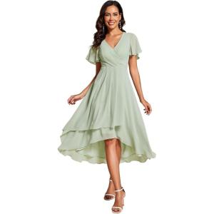 image:imageEverPretty Womens Wedding Guest Dress Chiffon V Neck Ruched Short Sleeves Midi High Low Birthday Semi Formal Dresses 02088Mint Green