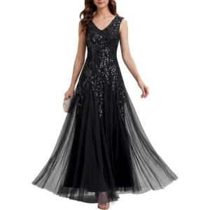 image:imageEverPretty Womens Sequin VNeck Formal Evening Dresses Cap Sleeves Maxi Mother of Bride Dress 02559Black