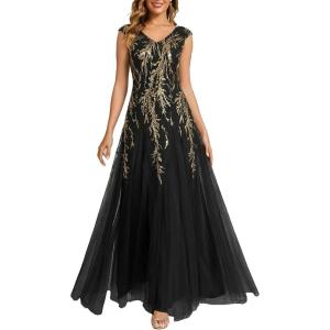 image:imageEverPretty Womens Sequin VNeck Formal Evening Dresses Cap Sleeves Maxi Mother of Bride Dress 02559Black Gold
