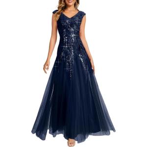 image:imageEverPretty Womens Sequin VNeck Formal Evening Dresses Cap Sleeves Maxi Mother of Bride Dress 02559Navy Blue