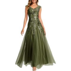 image:imageEverPretty Womens Sequin VNeck Formal Evening Dresses Cap Sleeves Maxi Mother of Bride Dress 02559Olive Green