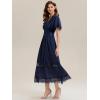 image:imageEverPretty Womens Elegant VNeck Lace Trim Short Sleeves Semi Formal Dress Chiffon Midi Swing Wedding Guest Dress 02638Navy Blue