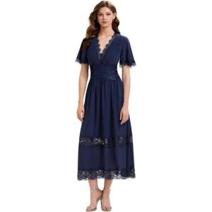 image:imageEverPretty Womens Elegant VNeck Lace Trim Short Sleeves Semi Formal Dress Chiffon Midi Swing Wedding Guest Dress 02638Navy Blue