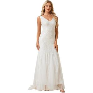 image:imageEverPretty Womens VNeck Sleeveless Sequin Lace Wedding Dress Train Length Mermaid Bridal Gown with Train 02763White