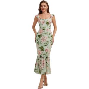 image:imageEverPretty Womens Summer Chiffon Square Neck Sleeveless Wedding Guest Dress Tea Length Mermaid Floral Cocktail DressesLight Green Floral