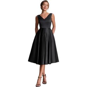 image:imageEverPretty Womens VNeck Sleeveless Summer Cocktail Dress Satin Midi Semi Formal Wedding Guest Dresses with Pocket 02774Black