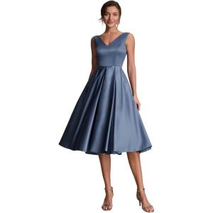 image:imageEverPretty Womens VNeck Sleeveless Summer Cocktail Dress Satin Midi Semi Formal Wedding Guest Dresses with Pocket 02774Dusty Blue