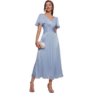 image:imageEverPretty Womens Shimmer V Neck Midi Wedding Guest Dress ALine Ruffle Sleeve Party Semi Formal Dresses 02770Dusty Blue
