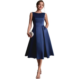 image:imageEverPretty Womens Crew Neck Summer Semi Formal Dresses Satin Sleeveless ALine Cocktail Wedding Guest Dress 02775Navy Blue