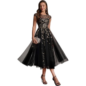 image:imageEverPretty Womens Sequin Tulle Midi Wedding Guest Dresses Cap Sleeve A Line Cocktail Party Semi Formal Dress 02778Black Gold