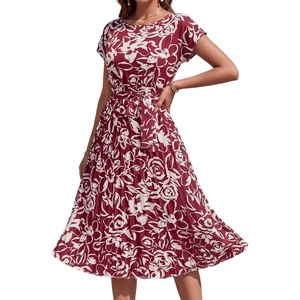 image:imageEverPretty Womens Short Sleeve Summer Casual Vacation Dress Floral Print Pleated Semi Formal Dresses 50006Burgundy