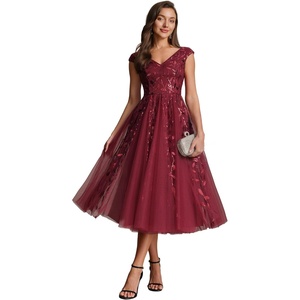image:imageEverPretty Womens VNeck Midi Cocktail Dresses Cap Sleeves Sequin ALine Formal Wedding Guest Dress 02780Burgundy