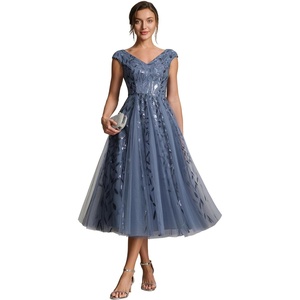 image:imageEverPretty Womens VNeck Midi Cocktail Dresses Cap Sleeves Sequin ALine Formal Wedding Guest Dress 02780Dusty Blue