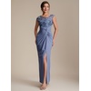 image:imageEverPretty Womens Asymmetrical Short Sleeves Formal Dresses Crepe Floor Length Bodycon Mother of the Bride Dress 02781Dusty Blue