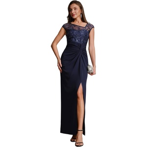 image:imageEverPretty Womens Asymmetrical Short Sleeves Formal Dresses Crepe Floor Length Bodycon Mother of the Bride Dress 02781Navy Blue
