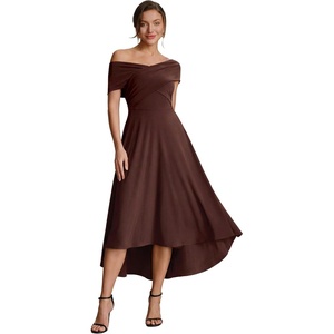 image:imageEverPretty Womens VNeck Off the Shoulder Cocktail Wedding Guest Dress HighLow Aline Semi Formal Dresses 02801Chocolate Brown