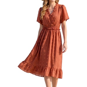 image:imageEverPretty Womens Summer Casual Wedding Guest Dresses VNeck Short Sleeve Midi Semi Formal Dress 50007Brown