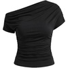image:imageEverPretty Womens Off The Shoulder Tops Y2K Going Out Tops Ruched Asymmetric Shirt Slim Fit Dressy Casual Blouses 02816Black