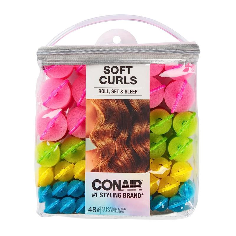 Conair Foam Self Grip Hair Rollers, Hair Curlers with Self Grip, Foam Rollers in Neon Colors, Assorted Sizes, 48 Count