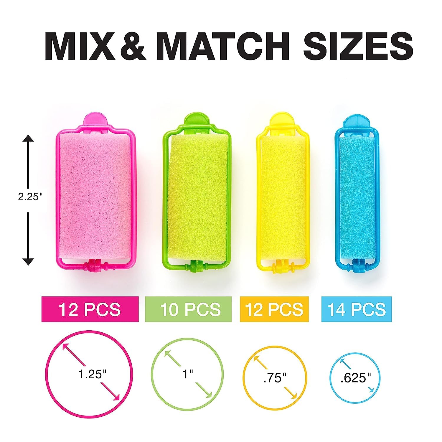 Conair Foam Self Grip Hair Rollers, Hair Curlers with Self Grip, Foam Rollers in Neon Colors, Assorted Sizes, 48 Count 