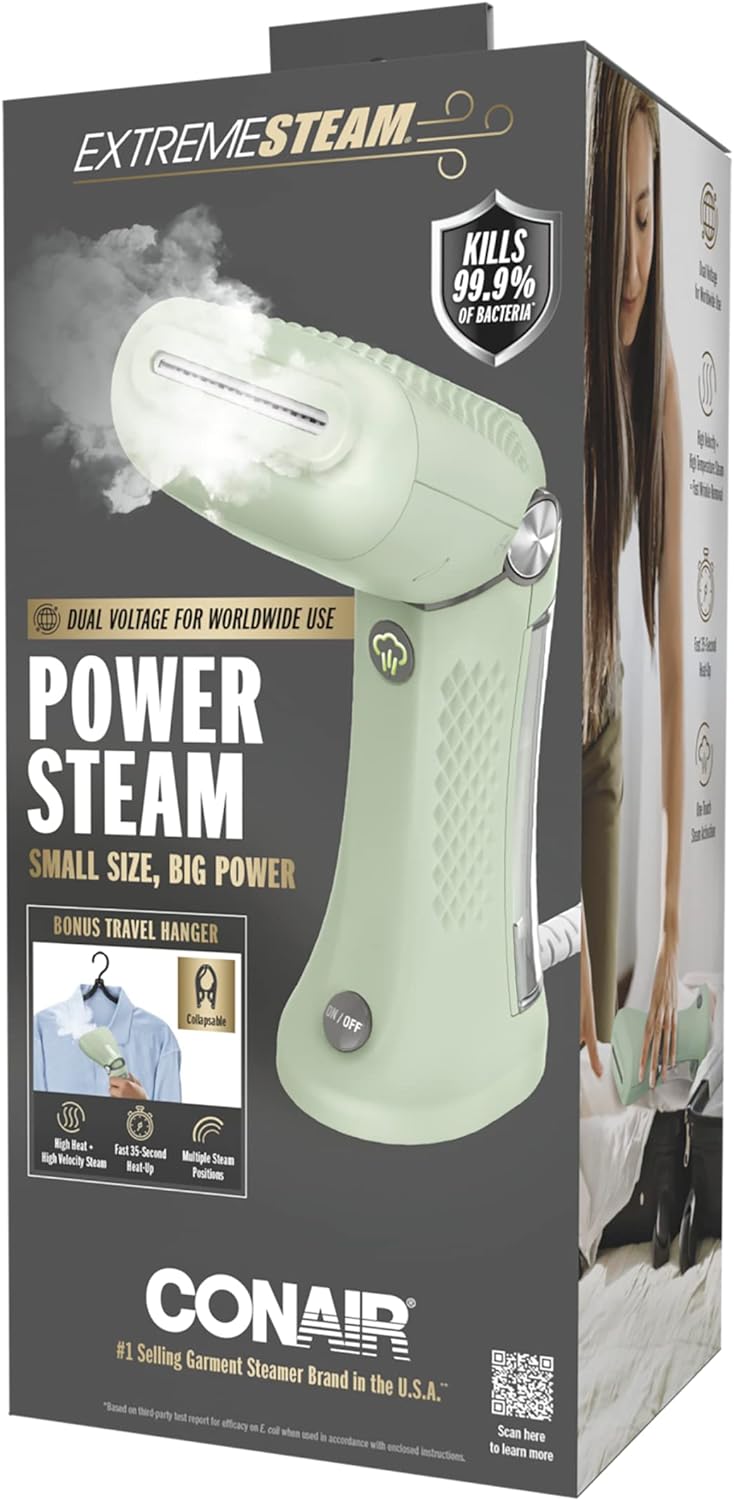 Conair Power Steam Handheld Travel Garment Steamer for Clothes with Dual Voltage for Worldwide Use, ExtremeSteam 1200W, For Home, Office and Travel,Green