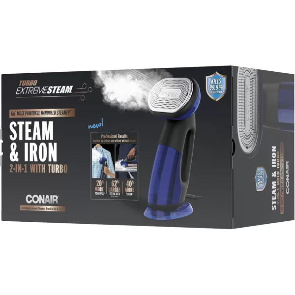Conair 2-in-1 Handheld Steamer and Iron for Clothes, Turbo ExtremeSteam 1875W Garment Steamer and Clothing Iron,Black / Blue