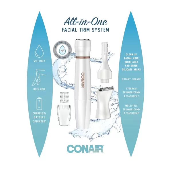 Conair All-In-1 Facial Hair Removal for Women, Cordless Electric Trimmer, Perfect for Face, Ear/Nose, Eyebrows, and Bikini Lines