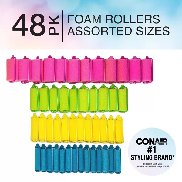 Conair Foam Self Grip Hair Rollers, Hair Curlers with Self Grip, Foam Rollers in Neon Colors, Assorted Sizes, 48 Count 