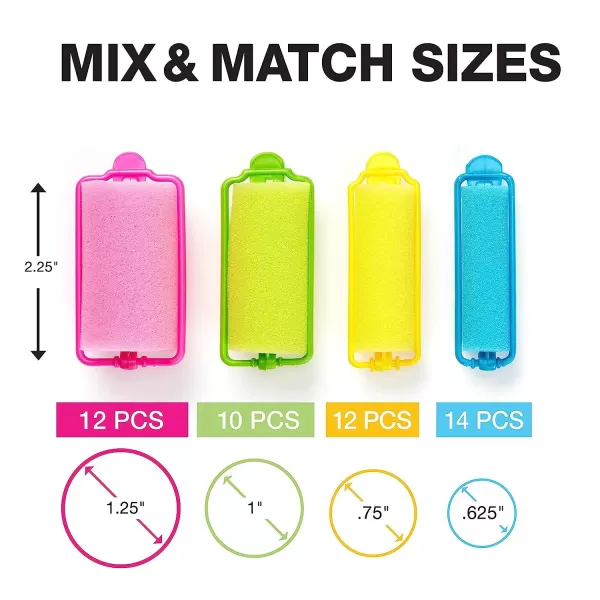 Conair Foam Self Grip Hair Rollers, Hair Curlers with Self Grip, Foam Rollers in Neon Colors, Assorted Sizes, 48 Count 